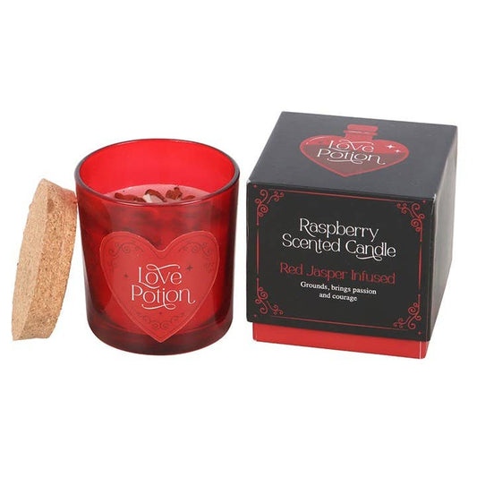 Bougie aux cristaux de la potion d'amour à la framboise pour la Saint-Valentin