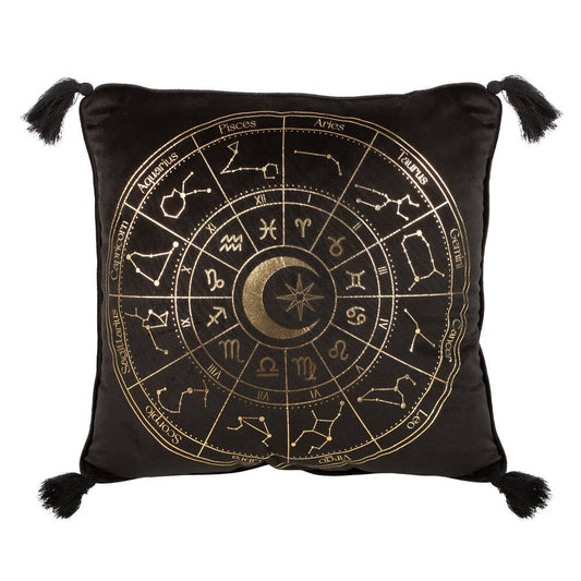 Coussin carré en forme de roue astrologique, 35 cm, noir