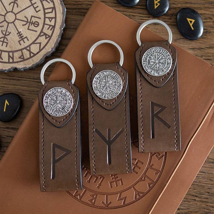 Porte-clés en simili cuir avec rune viking de protection