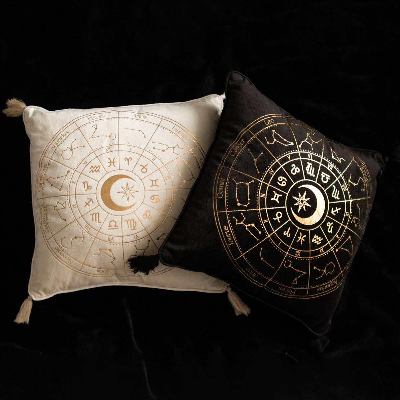 Coussin carré en forme de roue astrologique, 35 cm, noir