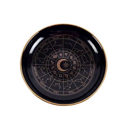 Plat à bijoux en forme de roue astrologique noir