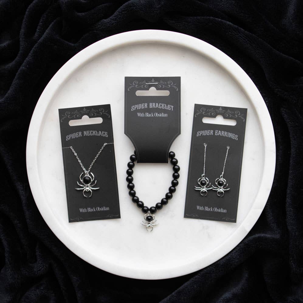 Collier à pendentif en forme d'araignée noire gothique en obsidienne