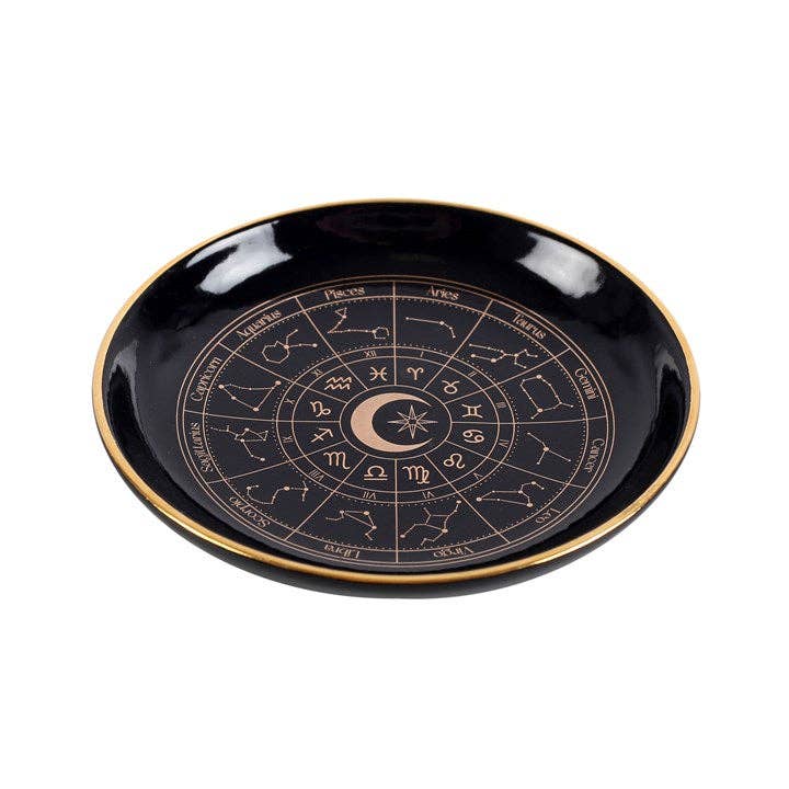 Plat à bijoux en forme de roue astrologique noir