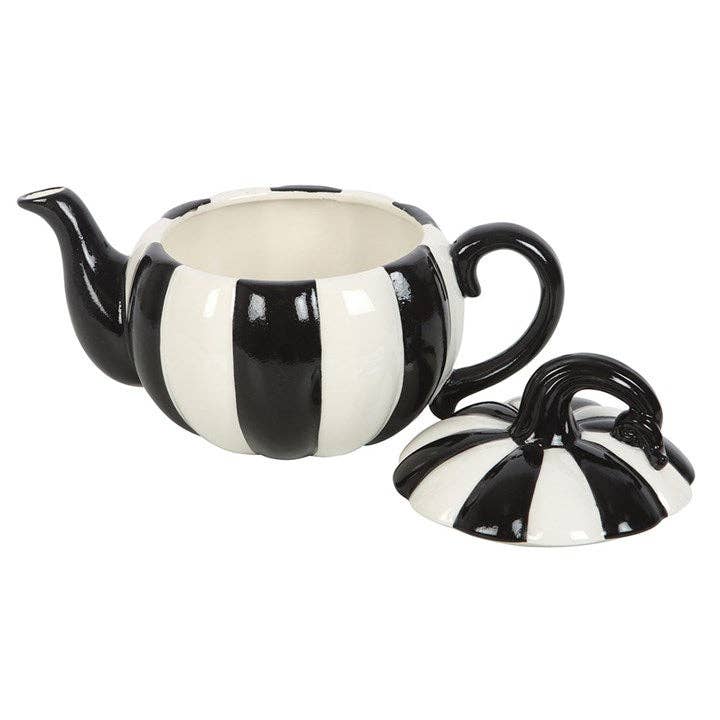 Théière citrouille d'Halloween à rayures noires et blanches
