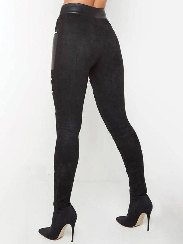Pantalon zippé en cuir à panneaux noirs
