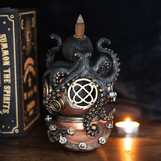 Brûleur d'encens Steampunk Kraken on Diver's Helmet Backflow