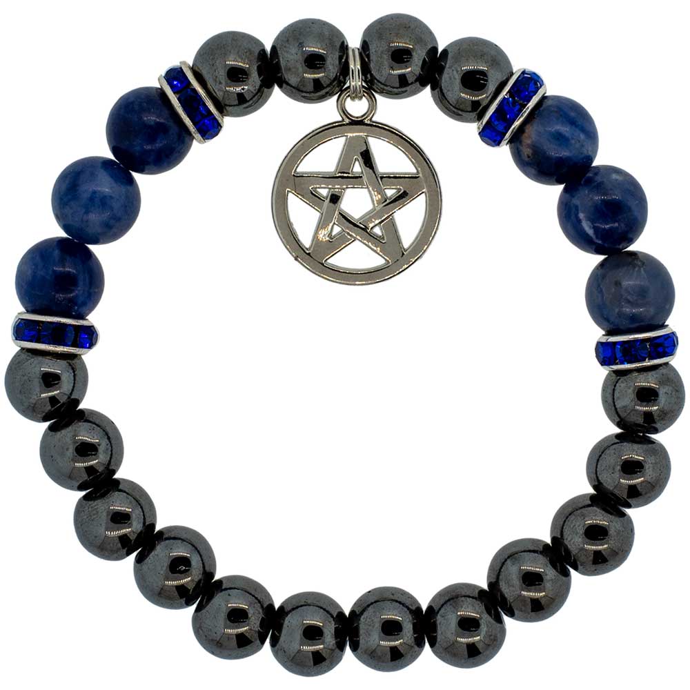 Bracelet : perles élastiques de 8 mm, hématite et sodalite, pentacle