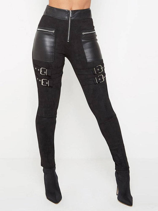 Pantalon zippé en cuir à panneaux noirs