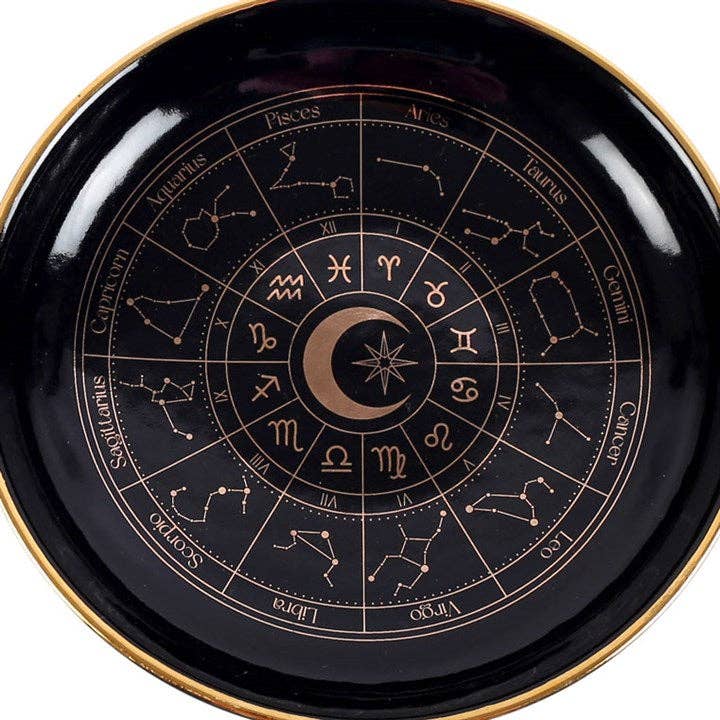 Plat à bijoux en forme de roue astrologique noir