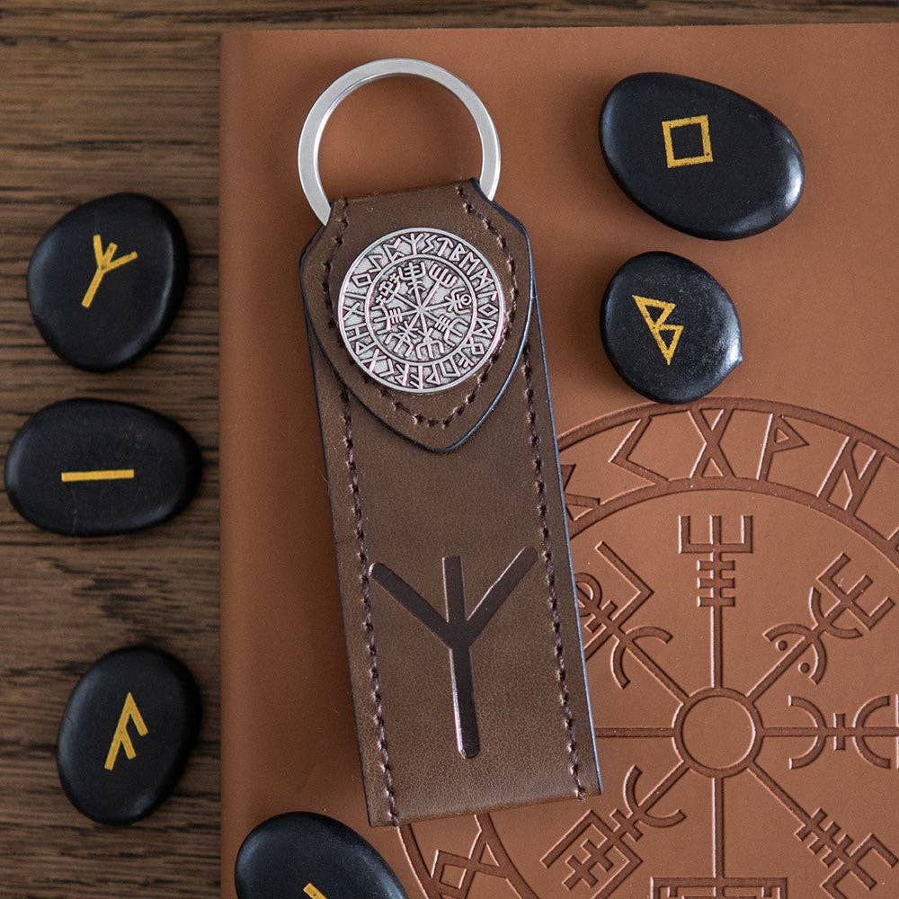 Porte-clés en simili cuir avec rune viking de protection