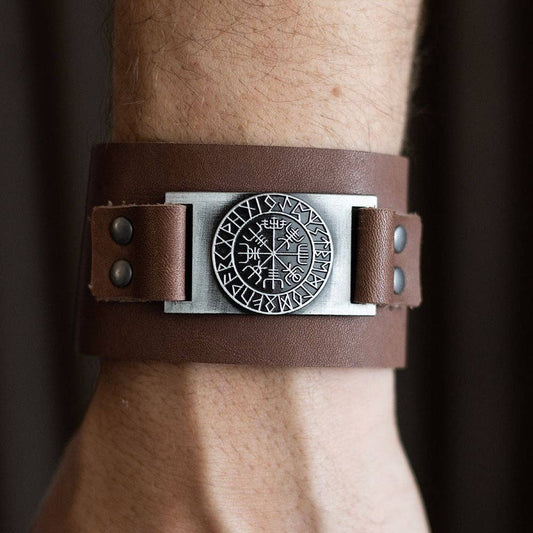 Bracelet Manchette en Cuir avec Boussole Viking