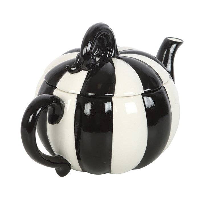 Théière citrouille d'Halloween à rayures noires et blanches