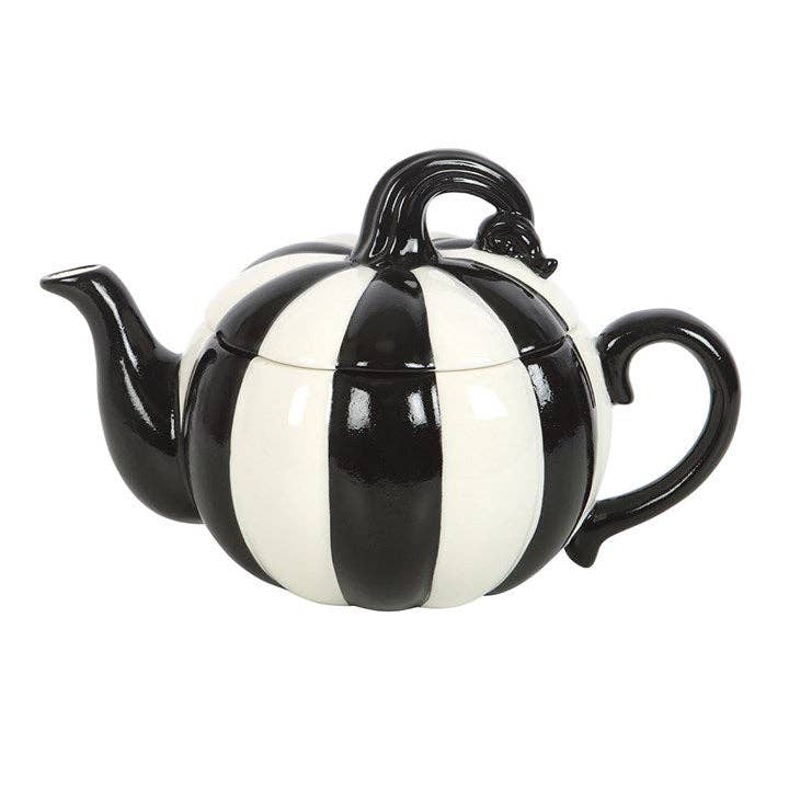 Théière citrouille d'Halloween à rayures noires et blanches