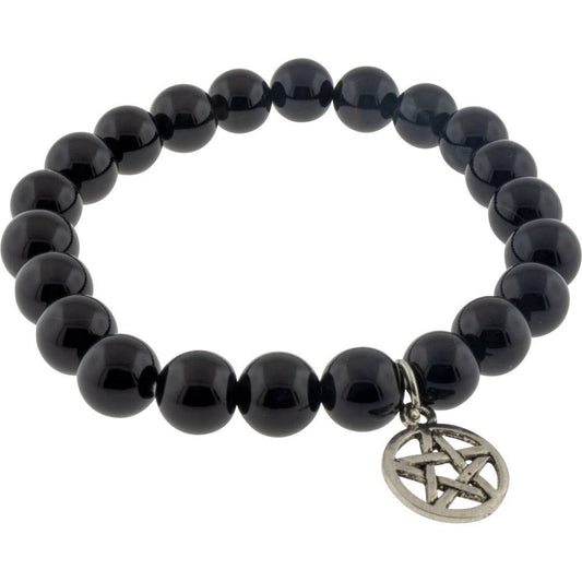 Bracelet élastique en perles de 8 mm, agate noire et pentacle