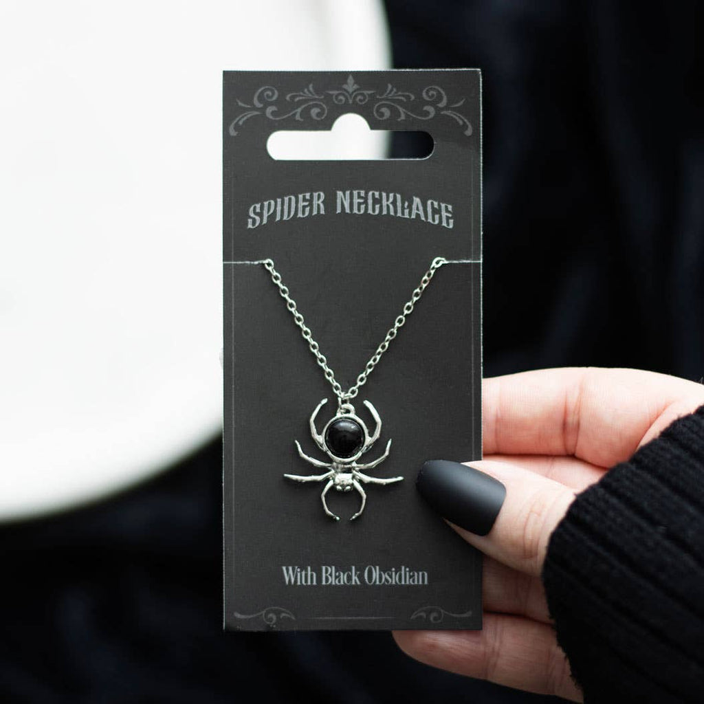 Collier à pendentif en forme d'araignée noire gothique en obsidienne