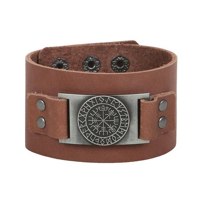 Bracelet Manchette en Cuir avec Boussole Viking